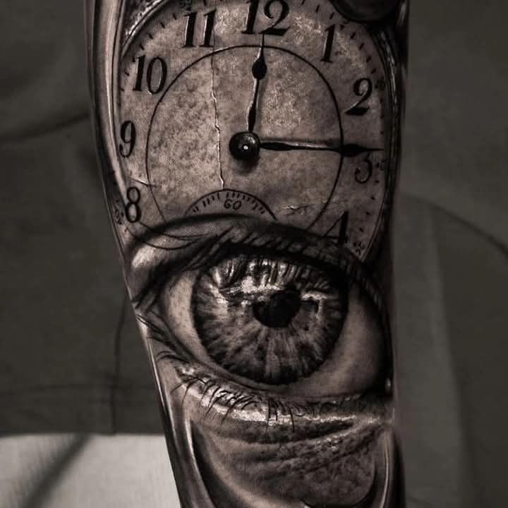 Reloj surrealista con ojo — tatuaje realista por Thian De La Peña