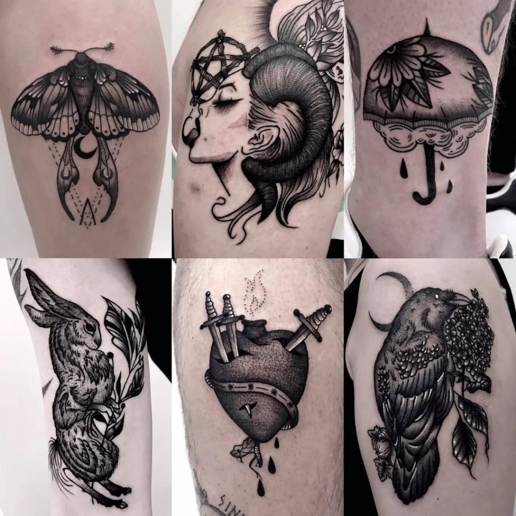 Colección de tatuajes blackwork — mariposas, figuras góticas y animales por Thian De La Peña